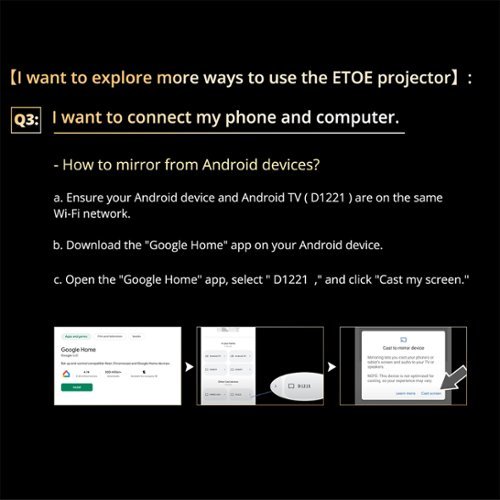 ETOE E3 Pro 4K 1080P Smart Projector, Android TV 11.0 & Netflix Certified, 600 ANSI, 20W Dolby Audio, Auto Focus & Keystone - Black BUY IN DUBAI