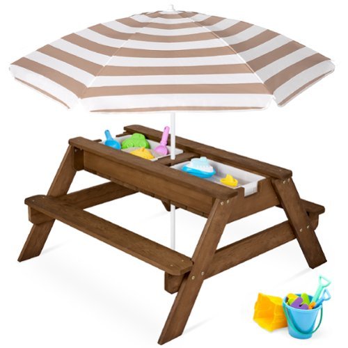 Best Choice Products - Kids 3-in-1 Outdoor Convertible Activity Sand & Water Picnic Table w/ Umbrella - Walnut/Beige-Front_Standard 