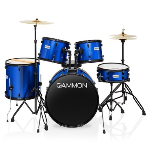 Gammon Percussion - 5pc Adult Drum Set - Full Size Beginner Percussion Kit with Stool - Blue-Front_Standard 
