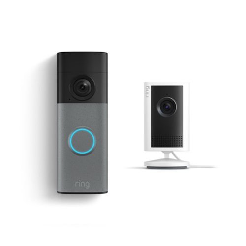 Ring - Battery Doorbell 2K (newest model), Speckled Gray + Indoor Cam Plus - White-Front_Standard 