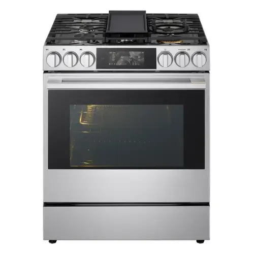 Front. LG - SIGNATURE 6.3 Cu. Ft. Slide-In Gas True Convection Range with EasyClean, Color LCD Display and Smart AI Gourmet Camera - PrintProof Stainless Steel.