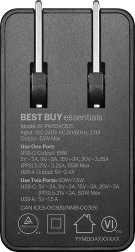 Best Buy essentials™ 65W Dual Port USB-C and USB Wall Charger for MacBook Pro, iPad, iPhone, Apple Watch, Smarthones & other USB-C Devices - Black BUY IN EUROPE