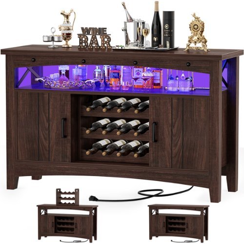 Aheaplus - Wine Cabinet with Charging Station and LED Lights, Liquor Cabinet with Movable Wooden Wine Rack - Walnut-Front_Standard 