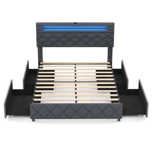 Costway Full Size Bed Frame with Led Lights & Charging Station & Modern Upholstered Bed - Gray