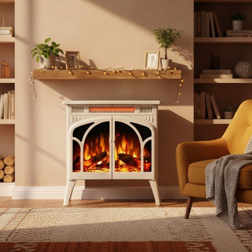 Bestier - Electric Fireplace Heater 24.25" with Remote, Adjustable Brightness and Heating Mode, Flame Effects & Log Colors - Beige-Front_Standard 
