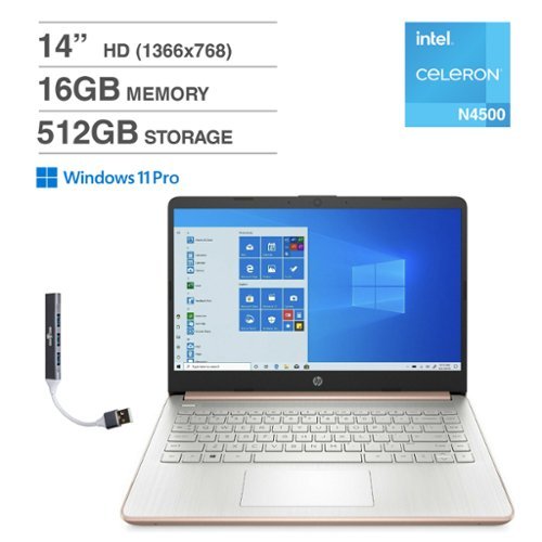 HP - 14 Laptop 14.0 HD (Intel Celeron N4500, 16GB DDR4, 512GB PCIe SSD, Intel UHD, Win 11 Pro) w/USB Hub - Pale Rose Gold Natural Silver-Front_Standard 