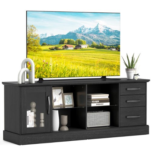 Costway - TV Stand for 73 Inches TVs 63" Entertainment Center with Glass-door Cabinet 3 Drawers - Black-Front_Standard 
