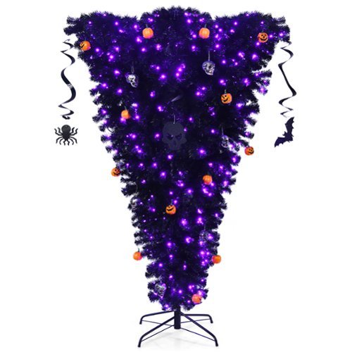 Costway - 6ft Upside Down Christmas Halloween Tree w/270 Purple LED Lights - Black