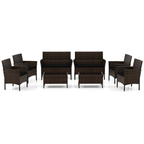 Costway - 8 PCS Patio Furniture Set with Washable Cushions and Tempered Glass Coffee Table - Black + Mix Brown-Front_Standard 