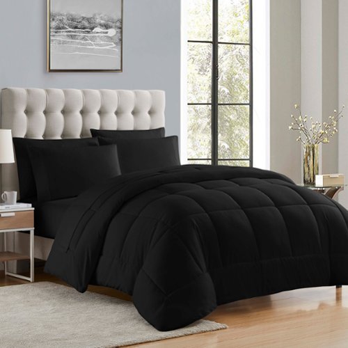 Sweet Home Collection - All Season Reversible Bed-in-A-Bag Solid Color Comforter & Sheet Set, Queen - Black-Front_Standard 