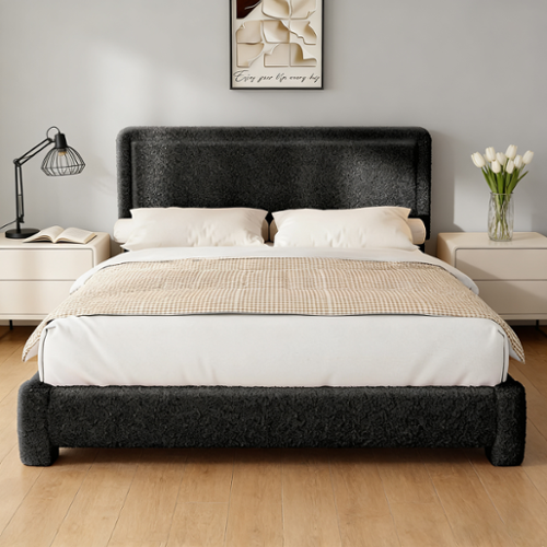 Vipbear - Queen Size Upholstered Bed Frame with Adjustable Headboard, Soft Rounded Corners, No Box Spring Required, Easy Assembly - Black-Front_Standard 