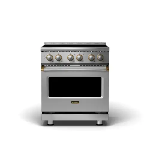 Front. Viking - 5 Series 30" Wide 4.7 Cubic Foot Freestanding Electric Induction Range - Stainless with Brushed Brass Accents.