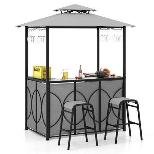 Costway - 3 PCS Patio Bar Set with Tempered Glass Bar Table Metal Storage Shelves for Garden - Gray-Front_Standard 