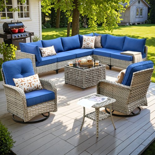 Ovios - 10 PCS Outdoor Patio Furniture Sectional Conversation Set with Swivel Chairs & Coffee Table - Navy Blue-Front_Standard 