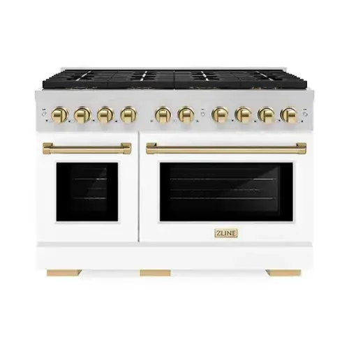 Front. ZLINE - ZLINE Autograph 48 in. Paramount Gas Range with 8 DuoPro Burners & White Doors w/ Gold Accents (PSGRZ-WM-48-G) - Stainless Steel with White Matte Door.