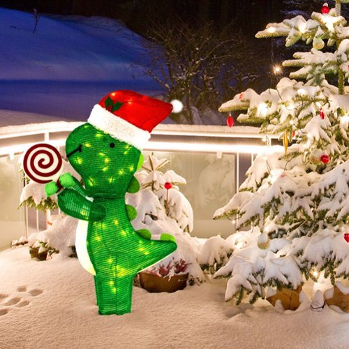 Costway 2.4 FT Pre-Lit Dinosaur Christmas Decoration with LED Lights Holiday Yard Ornament - Multicolor
