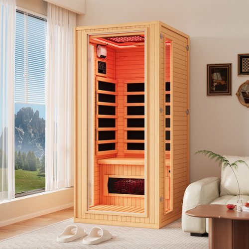 U-HOMY - 1-Person Hemlock Infrared Sauna with Red Light Therapy, Tempered Glass Door & Bluetooth - Wood-Front_Standard 