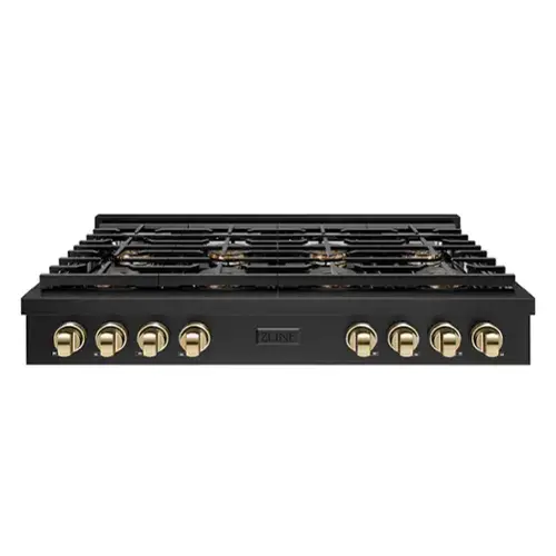 Front. ZLINE - ZLINE Autograph 48 in. Black Stainless Paramount Rangetop with 8 DuoPro Burners and Gold Accents (PSRTBZ-48-G) - Black Stainless Steel.