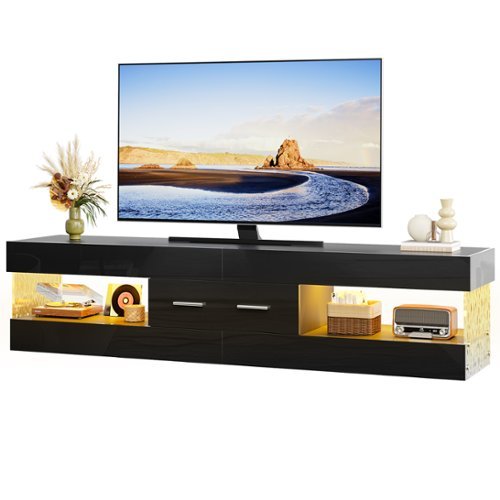 Bestier - 67 Inch TV Stand for 75 Inch TVs, Entertainment Center with Storage Drawer and LED Lights - Glossy Black-Front_Standard 