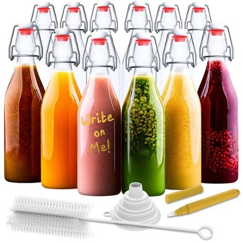 Nevlers - 17 oz. Round Swing Top Glass Bottles with Bottle Brush, Funnel and Marker (Set of 12)-Front_Standard 