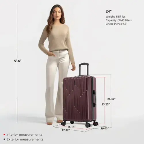 - **24"**
  - Weight: 6.87 lbs
  - Capacity: 60.46 Liters
  - Linear Inches: 56"

- **Interior measurements**
  - 16.14"
  - 17.32"
  - 10.03"

- **Exterior measurements**
  - 26.37"
  - 23.23"
  - 14"