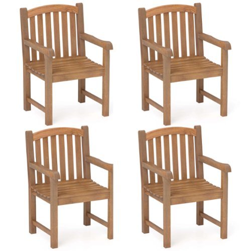 Costway - 4 PCS Teak Wood Patio Dining Chair Outdoor Armchair with Slatted Seat & Solid Legs - Natural-Front_Standard 