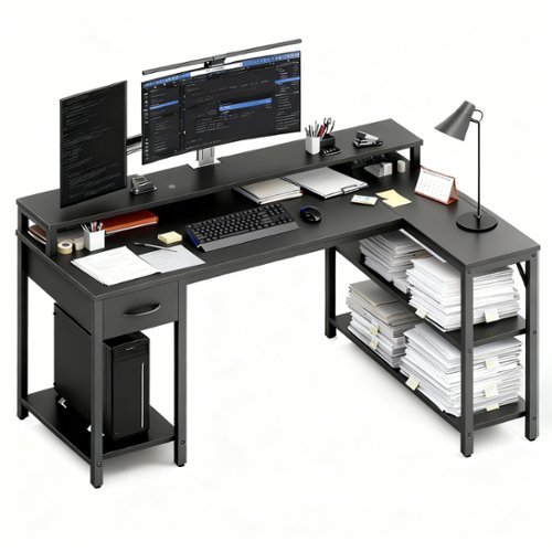 Bestier - Gaming Desk - L-Shape Office Desk with RGB Light, Charging Station, Monitor Riser & Shelves - Black-Front_Standard 