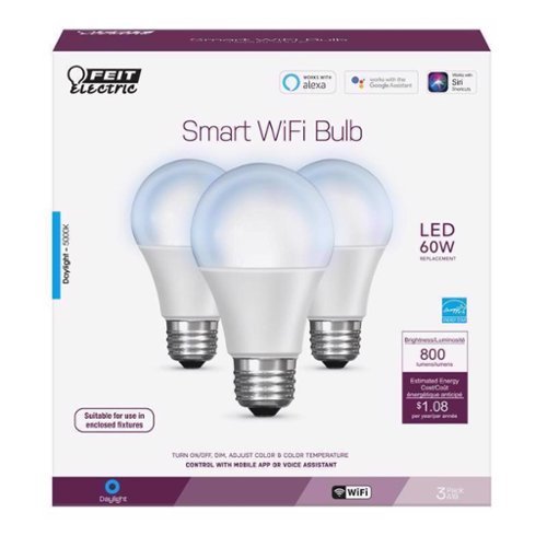 FEIT ELECTRIC - Feit Smart Home A19 E26 (Medium) Smart-Enabled LED Bulb Daylight 60 Watt Equivalence 3 pk-Front_Standard 