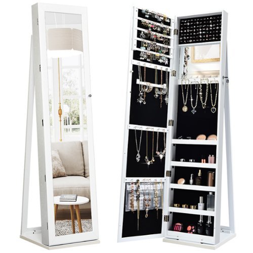Costway Mirrored Jewelry Cabinet Lockable Standing Storage Organizer with Shelf - White
