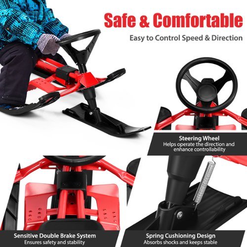 Costway  Kids Snow Racer Sled Steering Wheel Double Brakes Pull Rope Red - Black+Red WORLDWIDE DELIVERY