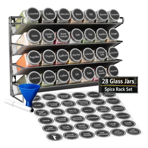 Tooloton - Spice Rack Organizer Set with 28 Glass Jars, Countertop Seasoning Rack with Labels, Marker & Funnel, 28 Jars included-Front_Standard 