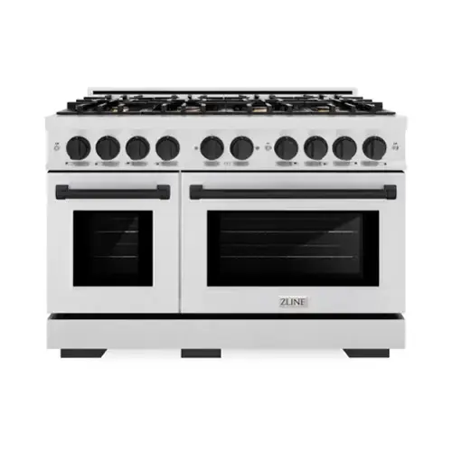 Front. ZLINE - ZLINE Autograph 48 in. Freestanding Select Satin Steel Gas Range w/ 8 Burners & Black Accents - Satin Stainless Steel.