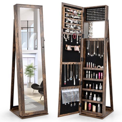 Costway Mirrored Jewelry Cabinet Armoire Lockable Standing Storage Organizer with Shelf - Brown