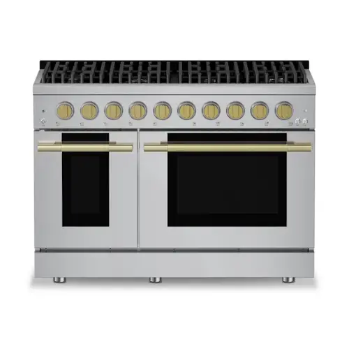 Front. Hauslane - HausPro 48 in. 8 Burners Gas Range in Satin Brass with 20,000 BTU and Double Oven with 5 Rack Positions - Satin Brass.