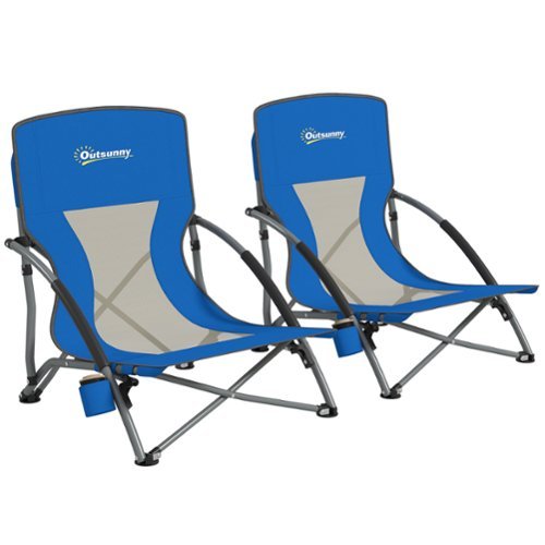 Outsunny - Set of 2 Backpack Beach Chair, Folding Beach Chairs with Mesh Back, Carry Bag and Cup Holder - Blue-Front_Standard 