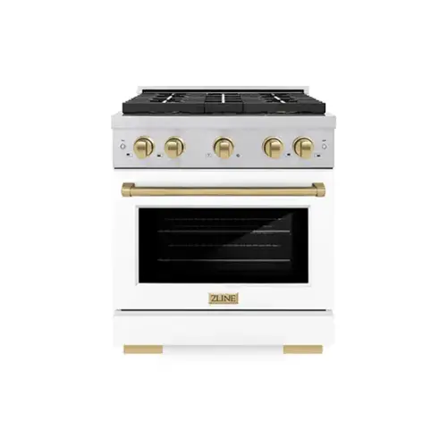 Front. ZLINE - Autograph 30 in. 4.2 cu. ft. Freestanding Paramount Gas DuoPro Range in Satin Steel with White Door and Bronze Accents - White Matte.