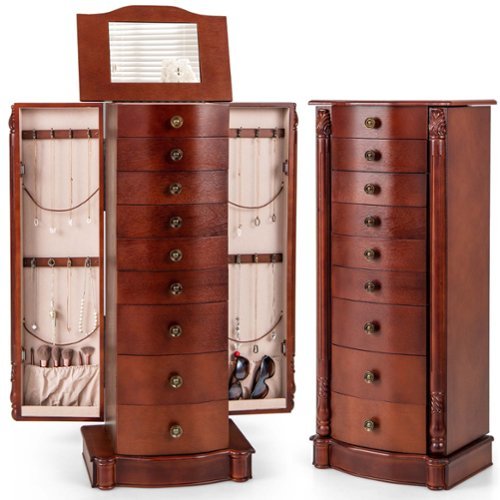 Costway Wood Jewelry Cabinet Storage Chest Stand Organizer Necklace - Walnut