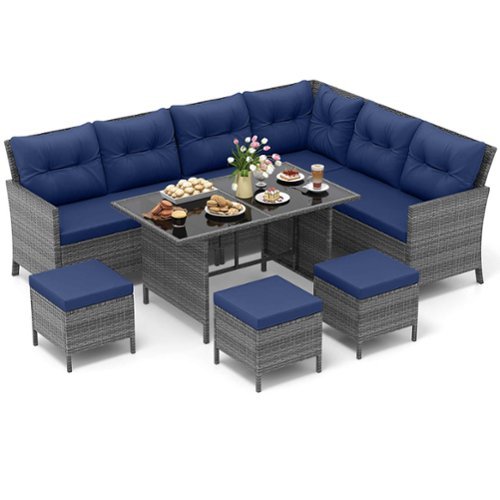 Costway - 7 PCS Patio Dining Furniture Set PE Rattan Sectional Sofa Set with Soft Cushions - Mix Gray,Navy-Front_Standard 