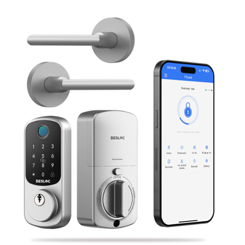 DESLOC - B200 Smart Lock Keyless Entry Fingerprint Deadbolt with Handle/Lever Set, Front Door Replacement, Bluetooth App - Silver - Circle Lever-Front_Standard 