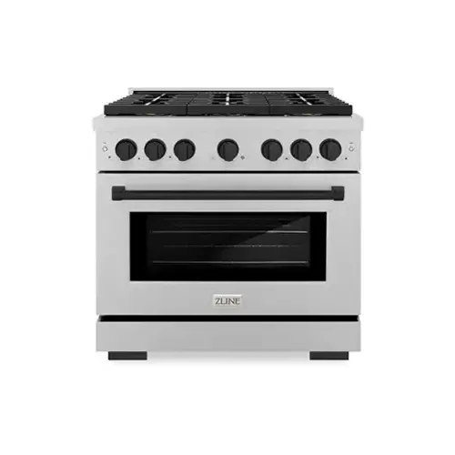 Front. ZLINE - ZLINE Autograph 36 in. 5.2 cu. ft. Freestanding Paramount Gas DuoPro Range in Satin Steel and Matte Black Accents - Stainless Steel.