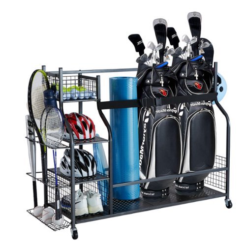 VEVOR - Golf Storage Garage Organizer, 3 Golf Bag Stand Holder and Other Sports Equipment Storage Rack - Black-Front_Standard 