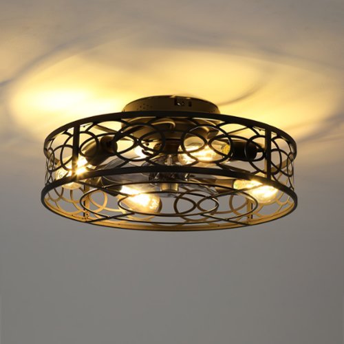 Sofucor - Farmhouse Ceiling Fans w/ Light Remote Flush Mount Rustic Ceiling Fan Boho Bladeless Country Caged Ceiling Light Fixture - Deep Black-Front_Standard 