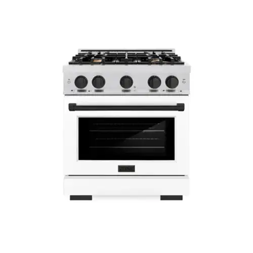 Front. ZLINE - ZLINE Autograph 30 in. Freestanding Select Satin Steel Gas Range w/ White Door & Black Accents - Satin Stainless Steel.