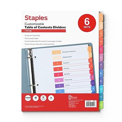 Staples - Customizable Table of Contents Numeric Dividers, 12-Tabs, 6 Sets - Multicolor