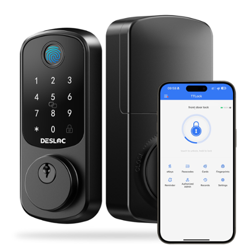 DESLOC - B200 Smart Lock Deadbolt with Fingerprint, Smart Keypad Door Lock with TTLock App for Front Door - Black-Front_Standard 