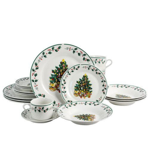 Gibson - Home 20 Piece Ceramic Christmas Tree Trimming Dinnerware Set - White and Multi