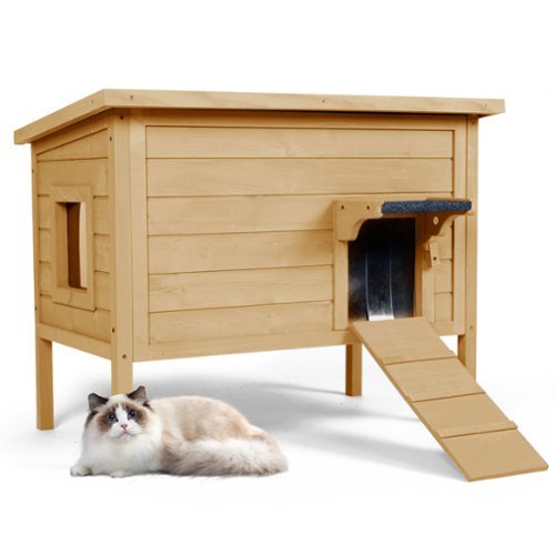 FODINGHILL - Insulated Outdoor Cat House for Multiple Pets, Weatherproof Wood Shelter with Foldable Ladder & Acrylic Window, Brown-Front_Standard 