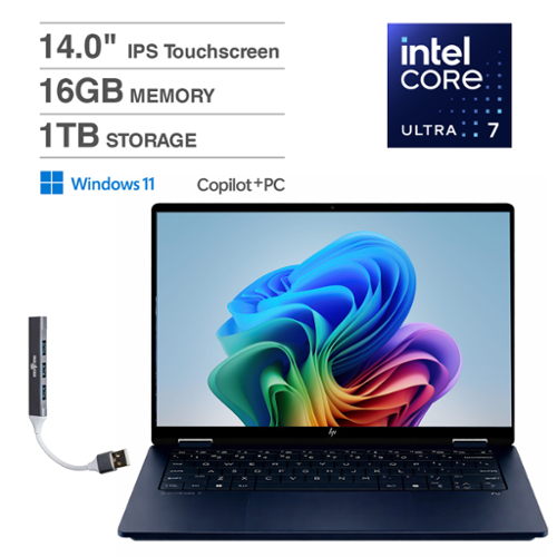 HP - OmniBook X Flip 2-in-1 2-in-1 Laptop 14.0 WUXGA (Intel Ultra 7-256V, 16GB LPDDR5X, 1TB SSD, Win 11 Home) w/USB Hub - Atmospheric Blue-Front_Standard 