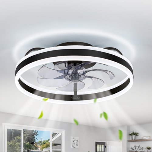 Breezary - 20-Inch Modern Flush Mount Cage Fan with LED Light & Remote, Timer, 7 PC Blades, 6-Speed DC Motor - Black-Front_Standard 