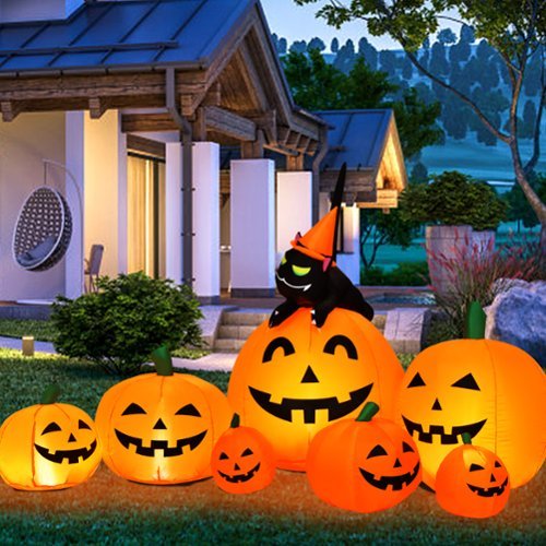 Costway - Halloween 7.5 FT Inflatable Pumpkin Combo Decoration w/ Witch Black Cat